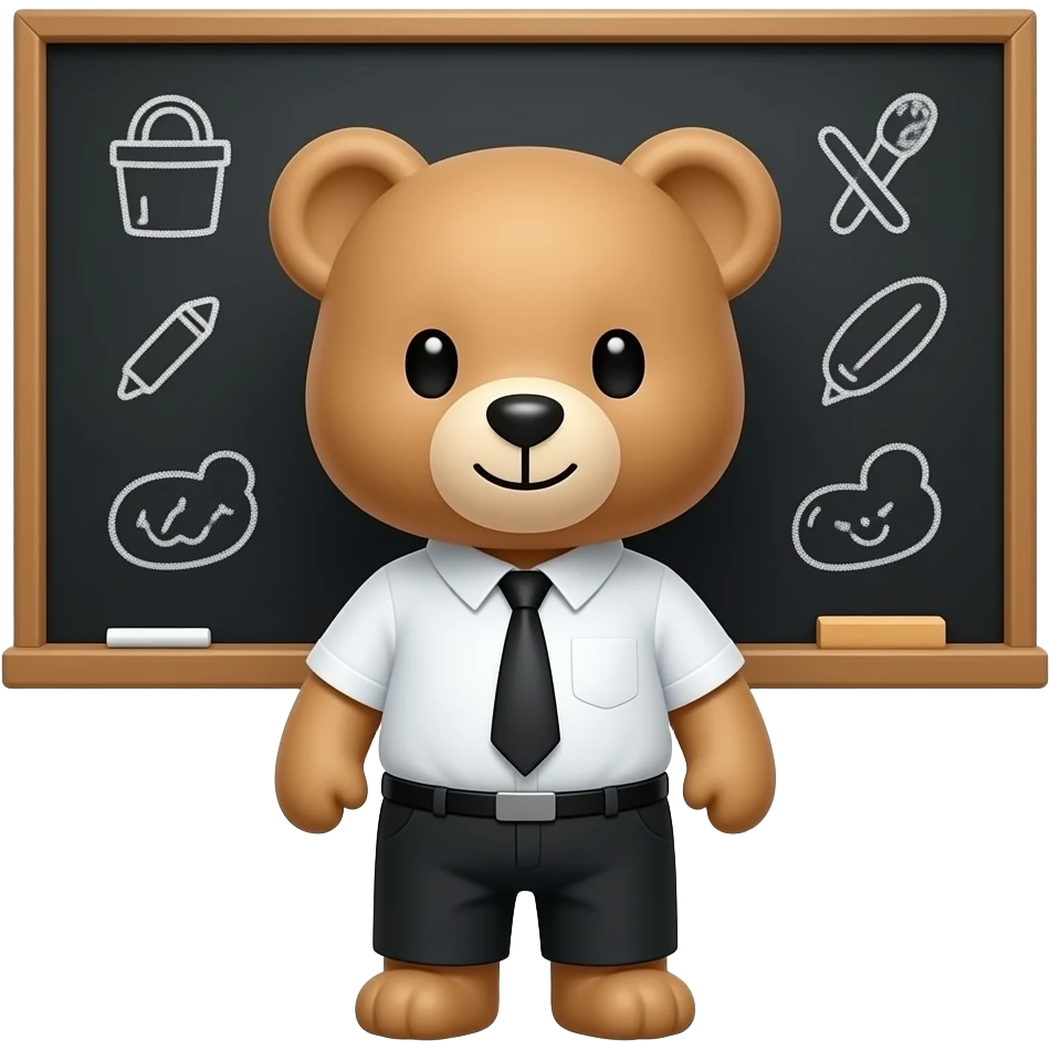 Beige teddy bear teacher, no fluffy hairs, with full blackboard emoji