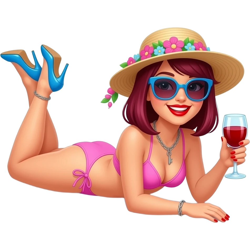 Woman. Burgundy, straight shoulder-length hair, lying down, sunbathing by swimming pool. baby pink bikini. very high blue stiletto heels. bright red lipstick. bright red nail polish. smiling. ankle chain with small key dangling off. glass of red wine in one hand. flowery sun hat. large sunglasses. emoji