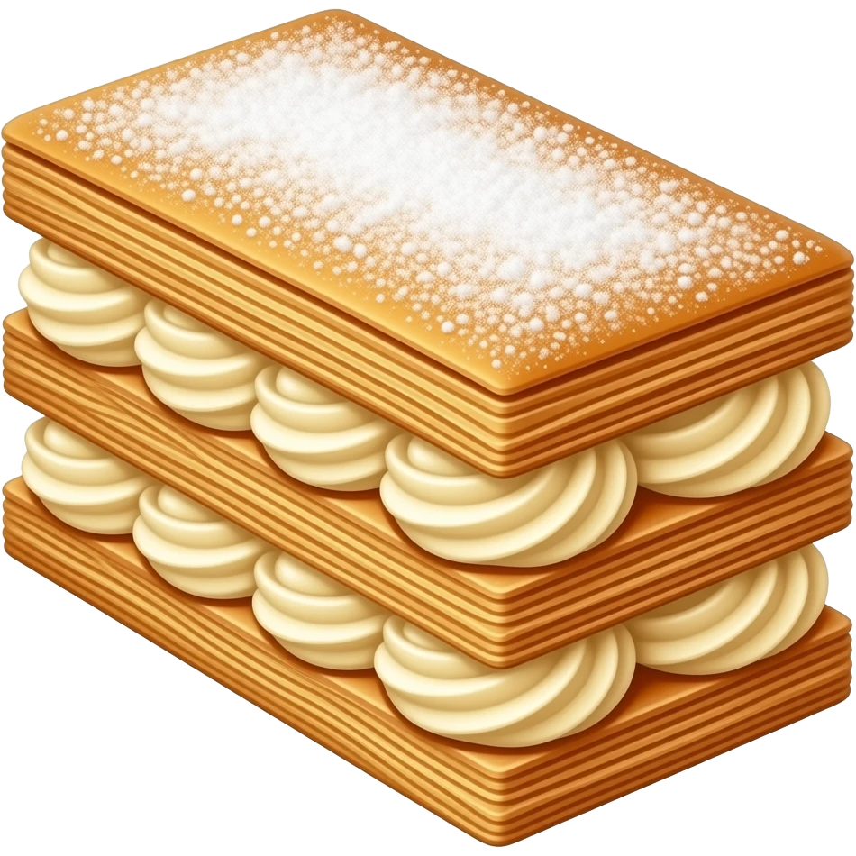 Cinematic Realistic Mille-Feuille Dessert Emoji, depicted as layered puff pastry with rich cream and a dusting of powdered sugar rendered with intricate textures and elegant, soft lighting. emoji