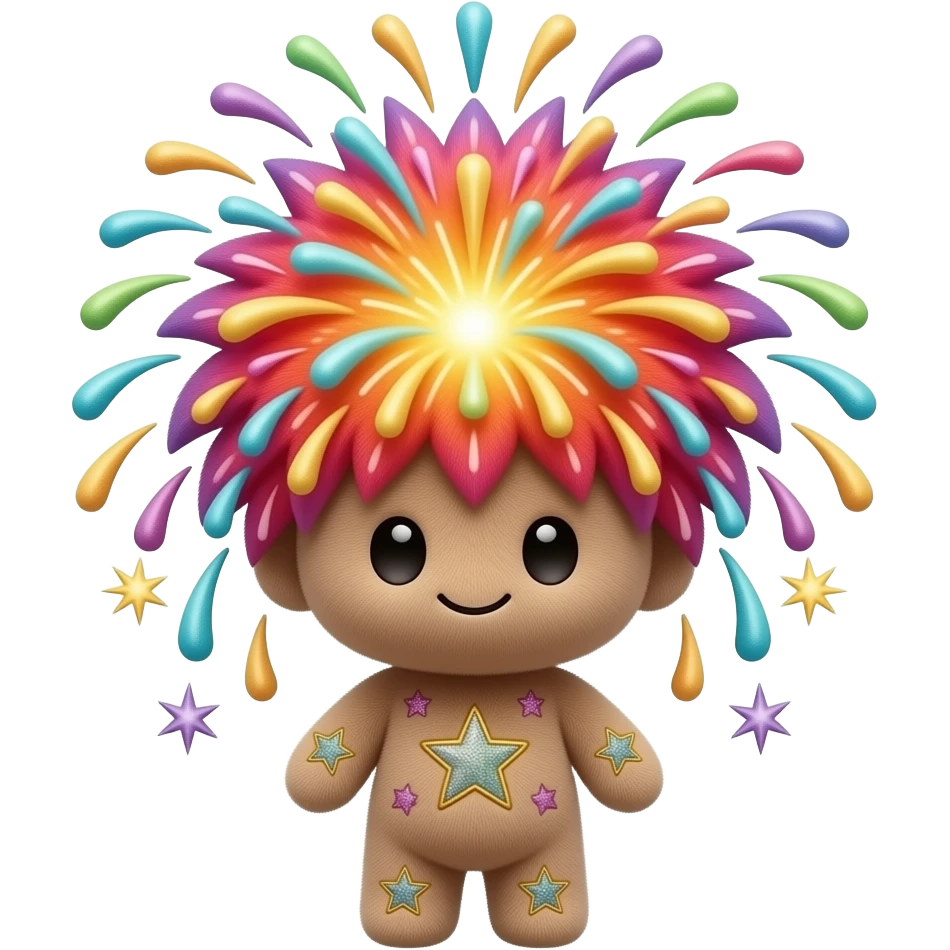 A full-body firework plushy with a giant sparkling head shaped like a ...