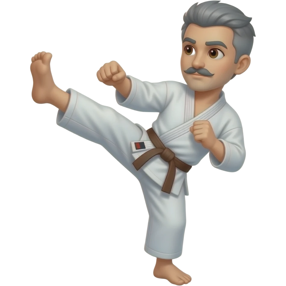 No BEARD,  very SHORT gray hair with a mustache doing a karate kick and brown eyes and Brown Belt emoji