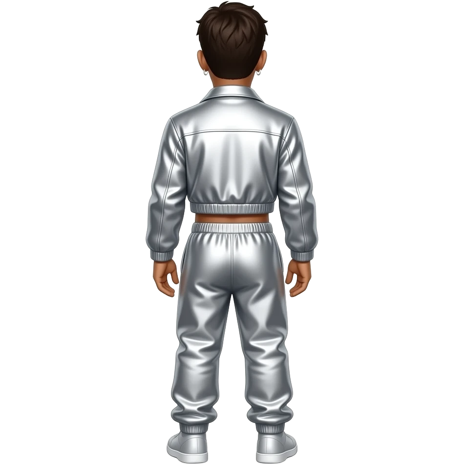 Bad Bunny from behind with dark brown hair, silver metallic jacket crop top, silver metallic baggy joggers emoji