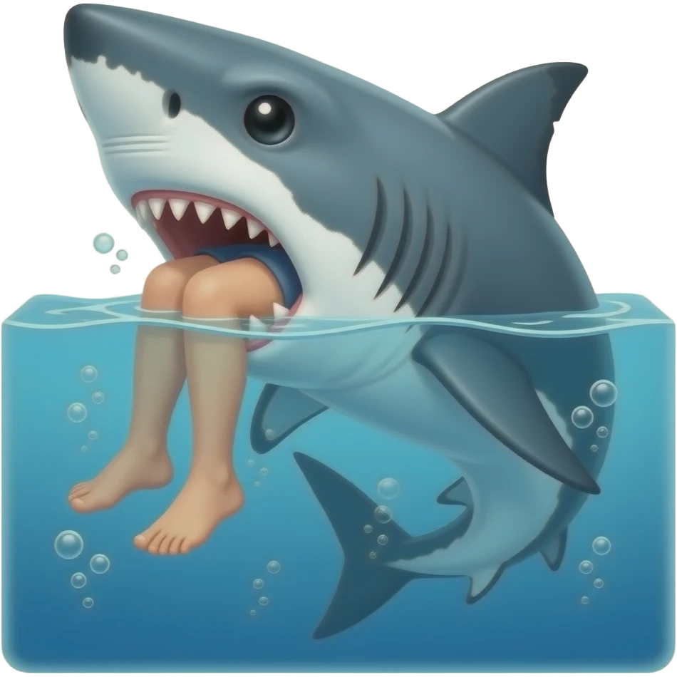 Genérame una imagen en la que abajo del mar esté un tiburón furioso comiendo a una persona pero que solo salgan los pies por la boca del tiburón que el ángulo sea de lado emoji