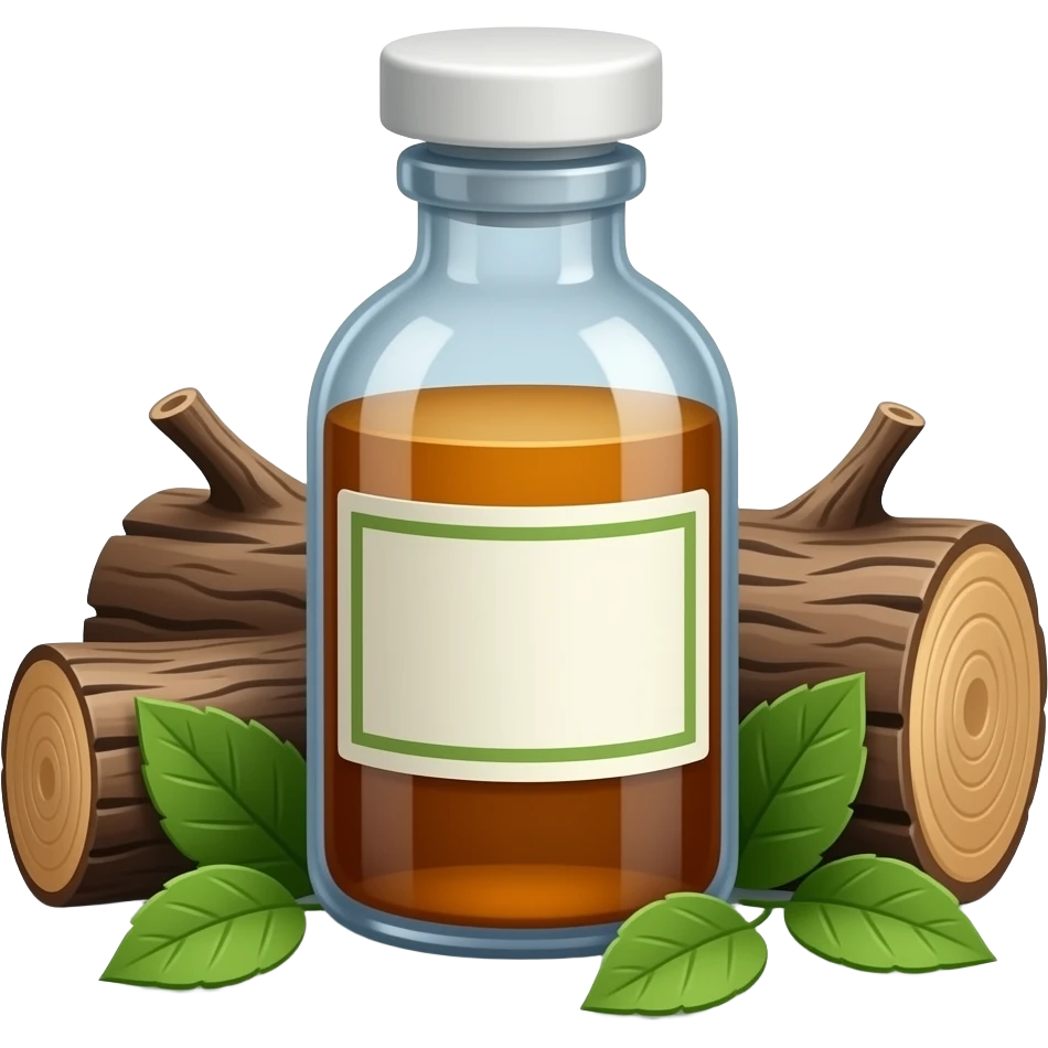 full medicine bottle with tree bark and leaves nearby emoji