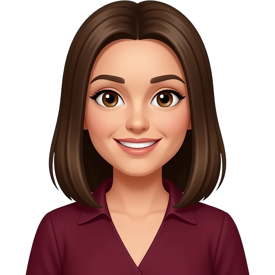 woman with burgundy, very straight shoulder-length hair, with a coy smile emoji