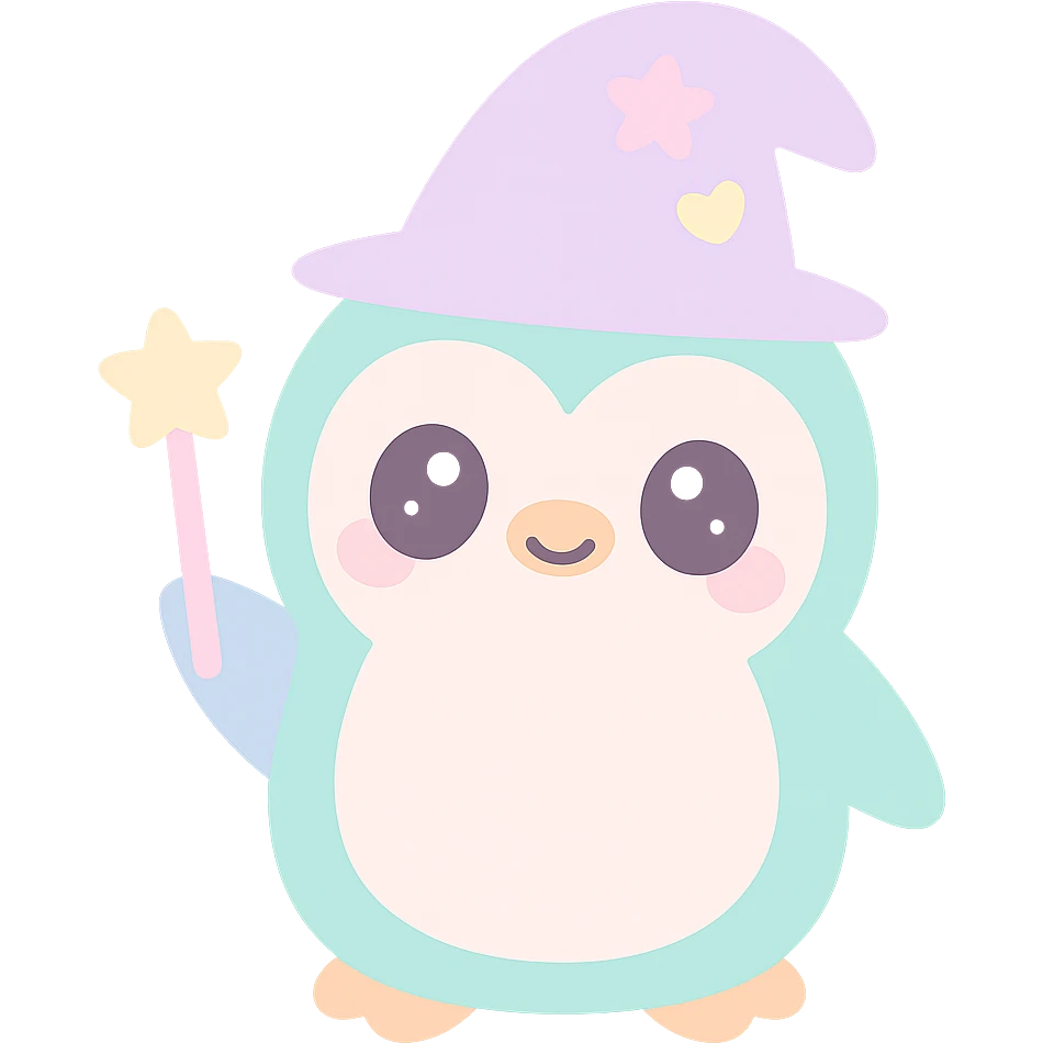 {
  "style_description": {
    "overall_look": "Cute, minimal, and soft with a friendly and playful tone",
    "material_simulation": {
      "primary_material": "flat digital color",
      "texture_detail": "smooth surfaces with no texture or shading",
      "pattern": "none or very simple decorative accents (e.g., hearts, stars)"
    },
    "geometry": {
      "edge_style": "rounded, soft curves with no sharp angles",
      "dimensionality": "flat two-dimensional appearance with simple shapes"
    },
    "color_palette": {
      "scheme": "pastel and light tones",
      "preferred_colors": ["pink", "mint", "lavender", "baby blue", "peach"],
      "contrast": "low contrast with bright accents"
    },
    "facial_features": {
      "eyes": "large, sparkly, often oval or circular",
      "mouth": "small, often a simple curve or dot",
      "expression": "joyful, innocent, or calm"
    },
    "lighting": {
      "type": "none or implied with soft highlights",
      "purpose": "maintain a clean and cheerful look"
    },
    "render_constraints": {
      "avoid": ["realistic shading", "high detail", "dark themes", "texture noise"],
      "focus_on": ["cute expression", "iconic simplicity", "emotional warmth"]
    },
    "background": {
      "color": "white or soft pastel",
      "style": "plain or patterned with simple icons (e.g., polka dots, stars)",
      "lighting_consistency": "no shadows, evenly lit feel"
    }
  }
}

{subject} = penguin wizard emoji