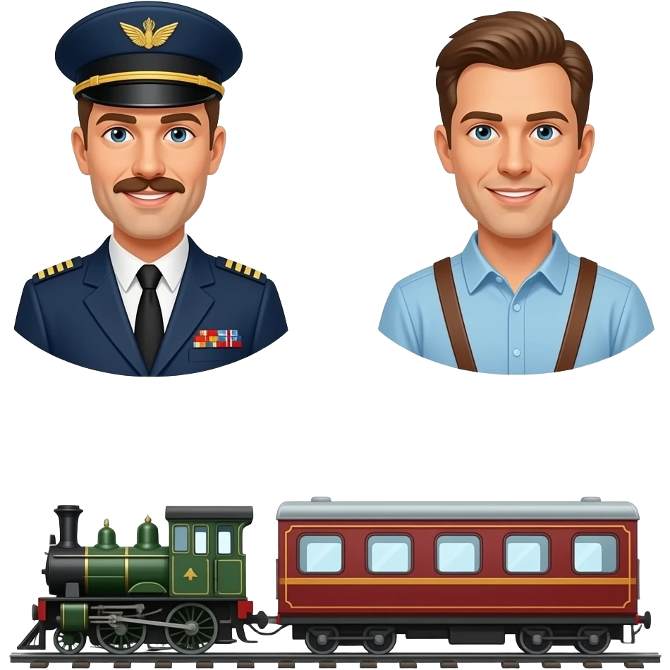 Print text: "The little train that couldn't, don't run out of steam at SteamWorks". Image of Gay leatherman train conductor, gay leatherman passengers on the little train that couldn't. emoji