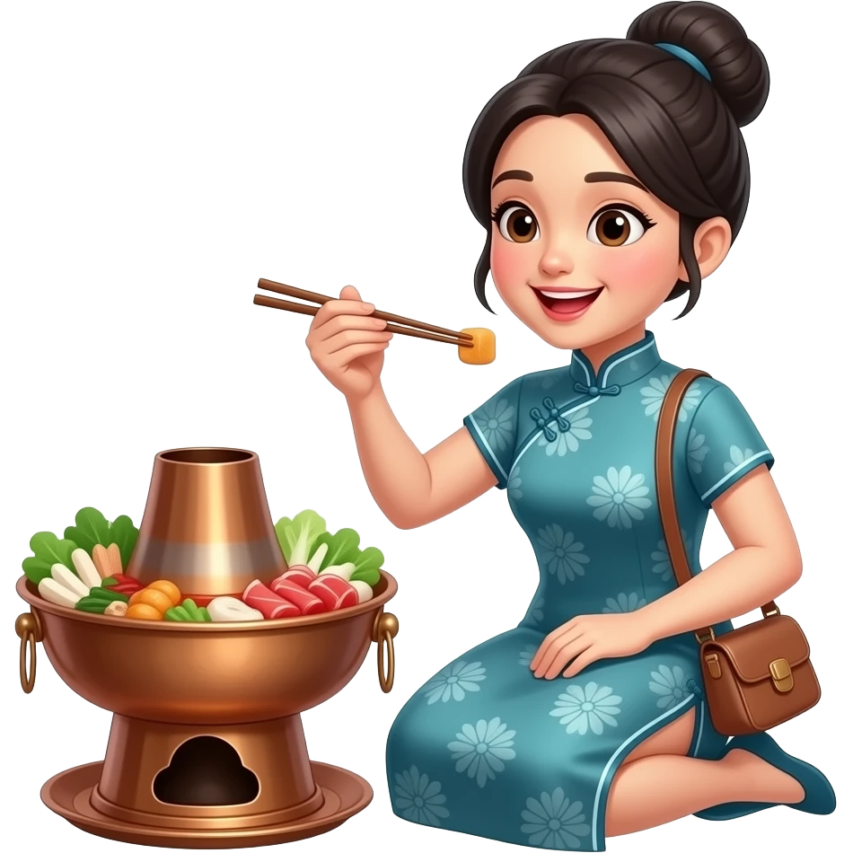 亚洲女性（中式着装、包包头发髻）手握筷子，表情馋嘴，面前是古典铜火锅，火锅里的食材丰富 emoji