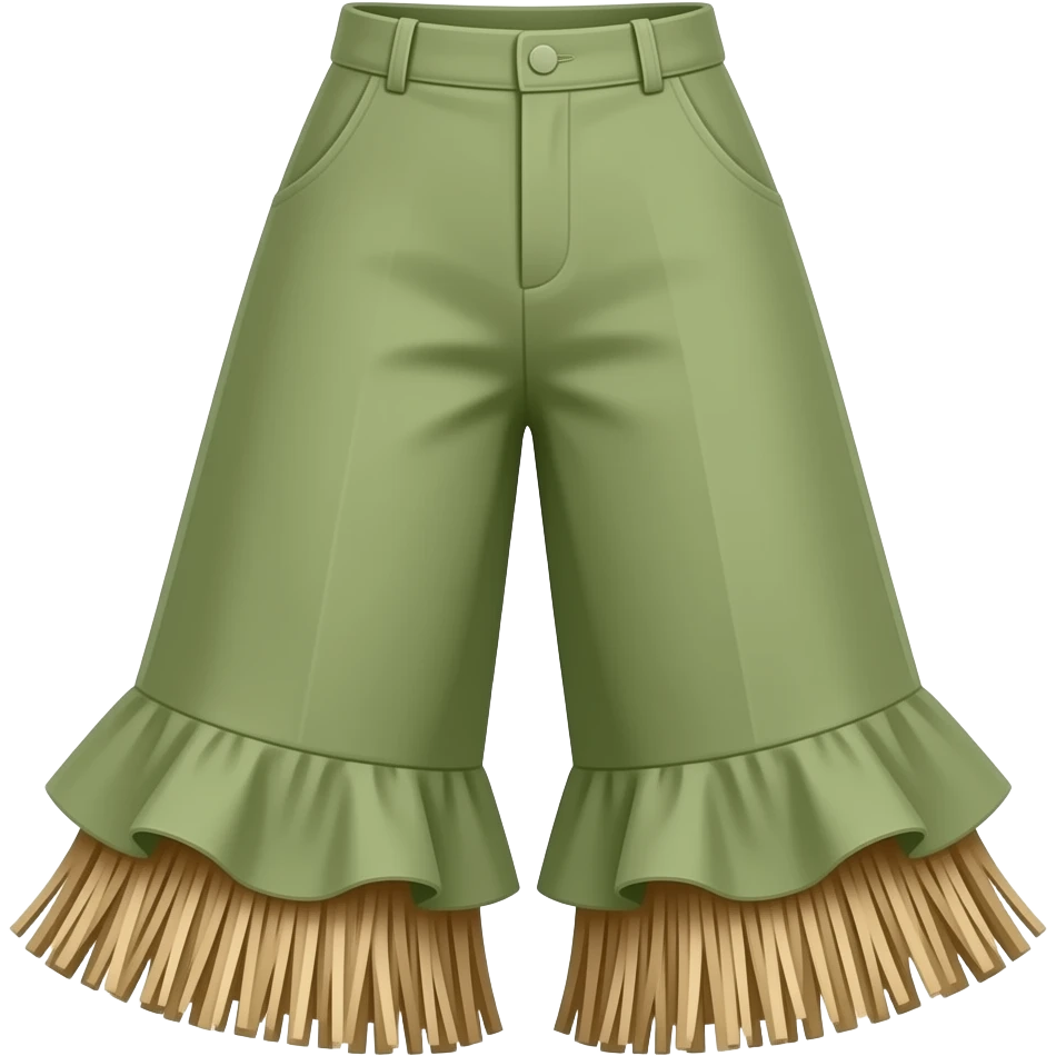 The trousers are a muted olive green.  A distinctive feature is the ruffled trim around the ankles   A distinctive feature is the ruffled trim around the ankles, in alternating bands of light brown and beige, resembling straw or fringe emoji