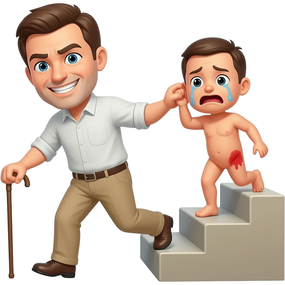 A cruelly smiling clothed man with a thin cane is marching a small, crying, naked man up a flight of stairs by the ear, his red buttocks are very bruised. emoji