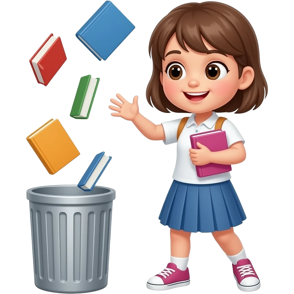 Girl throwing textbooks in trash can emoji
