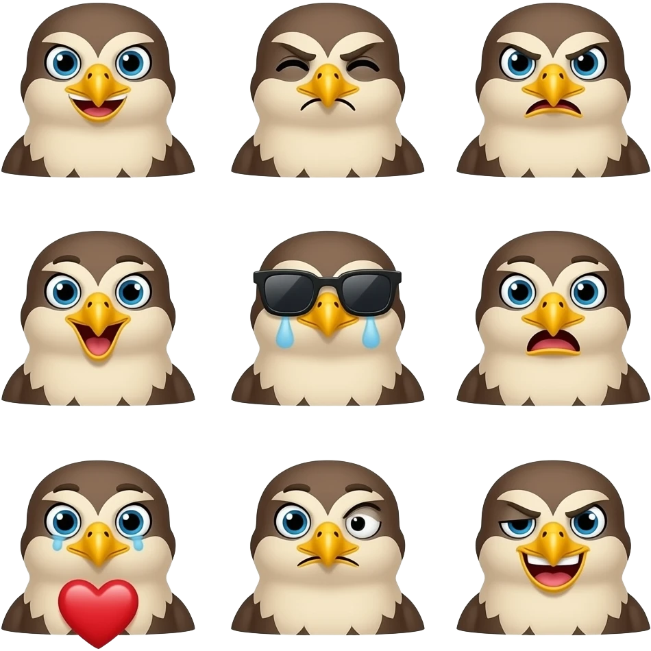 falcon head emojis with different expressions such as happy, sad, angry, disappointed, horrified, laughing crying, fingerguns, cool with sunglasses, schocked, holding a heart, smug face, side eye, shy, excited emoji