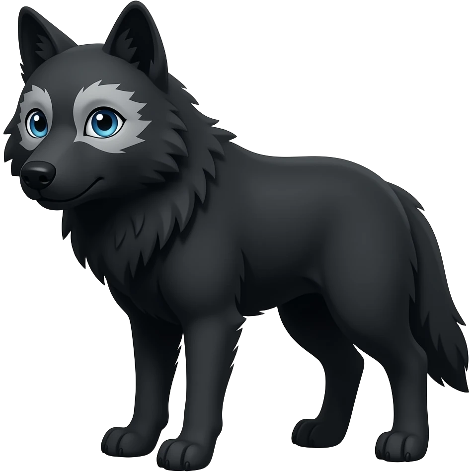 black wolf with blue eyes and greyish white markings over the left eye around the eye emoji