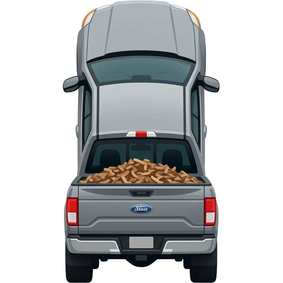 Gray F150 with full of bark chips in the back upside down in between two other cars emoji