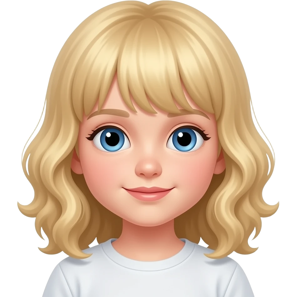 white kid blue eyes mid length hair to shoulders with bangs soft curly hair to shoulders in color: middle to little darker blond. lördagsmys emoji