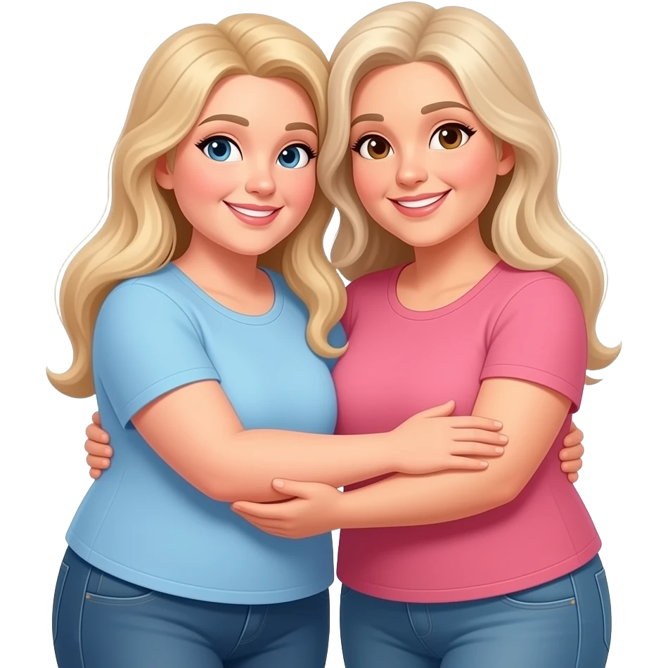 2 middle aged heavier women, long blond hair, one blue eye 1 brown, both white, short one has a tan, 1 short 1 tall hug emoji