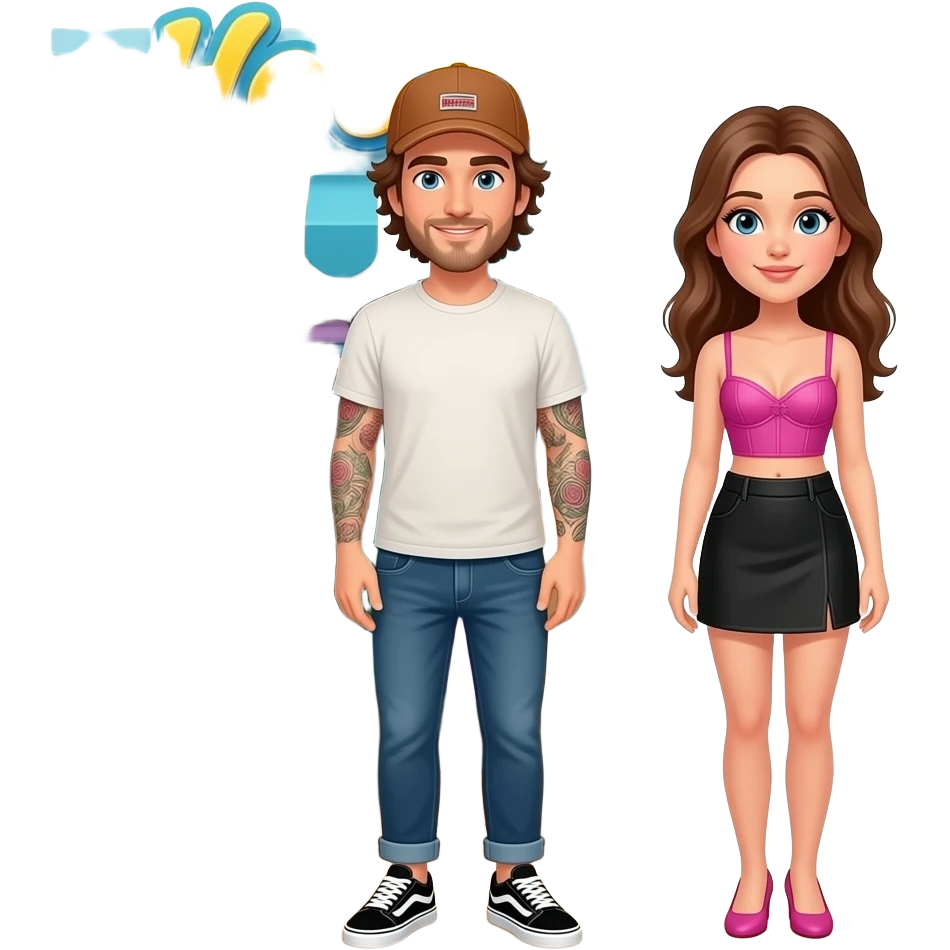 Pop up vêtements"Hoods" sur la plage. Homme cheveux mi long et bras droit couvert de tatouages. Il a Vans et casquette von dutch rose et marron. Petite femme brune cheveux long. Jupe courte noire et bustier rose fushia emoji