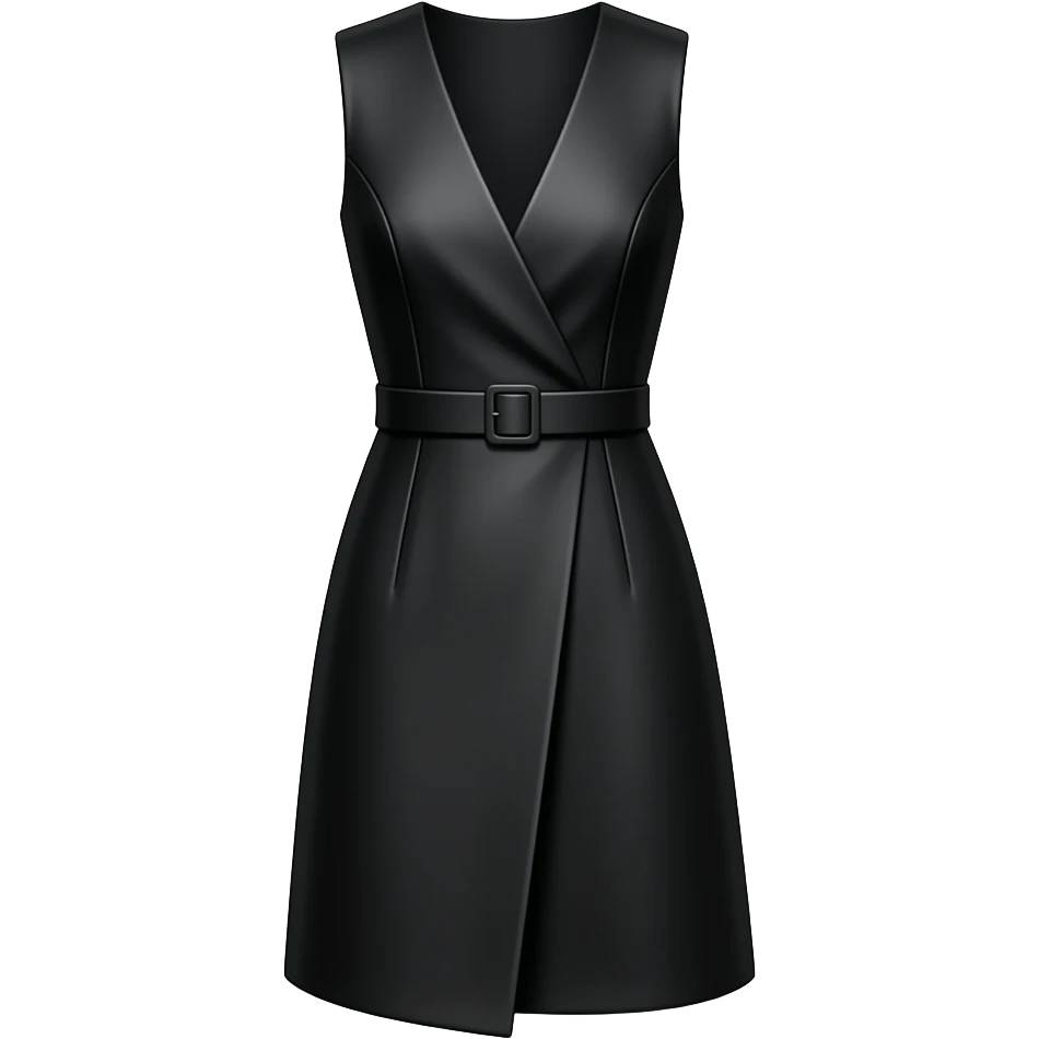 No shirt. No belt. No arms. Black. Sharp V neck. No belt. A line. Sleeveless. Panels coming out from the waist. Knee length emoji