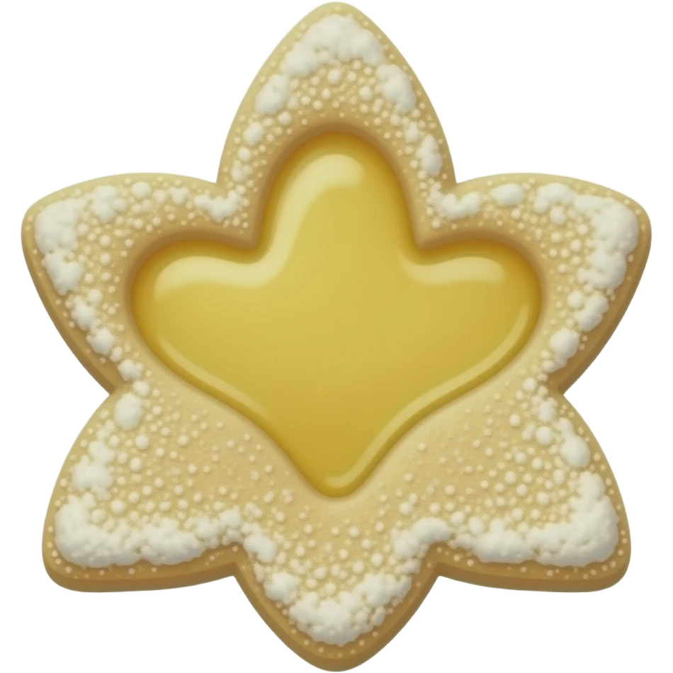 Realistic shortbread cookie in the shape of a lily flower with pastel yellow color jelly middle filling and sprinkled powder sugar on top. emoji