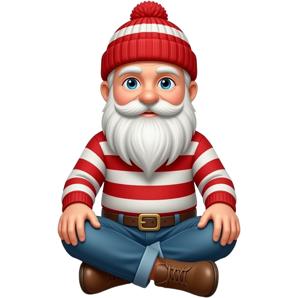 Waldo, an old man with a long white beard and mustache  wearing a red and white striped knit beanie hat sitting crossed legs on the floor (fullbody) emoji