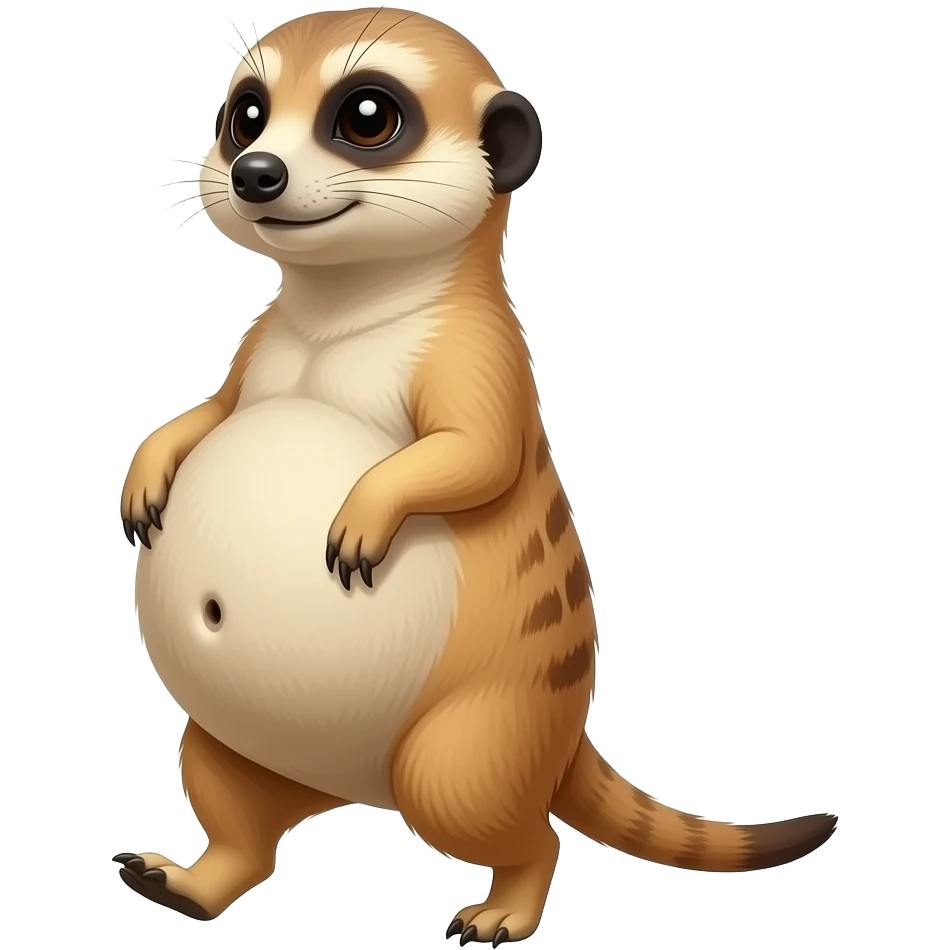 A female Meerkat now wants to give a try to walk,but with her full belly so big she has to hold it up off the ground,it is a guessing game if she is gonna all the way home ,but she knows she is just fat,her bellybutton makes agreement with clues. emoji