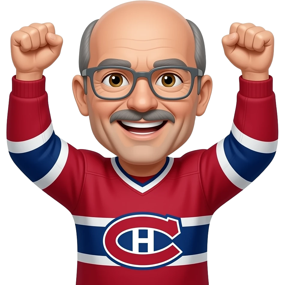 Guy, Brown eyes, bald, small mustache and chin strip, thin gray glasses, 60 years old, Montréal Canadiens, smiling showing teeth, cheering arms up emoji