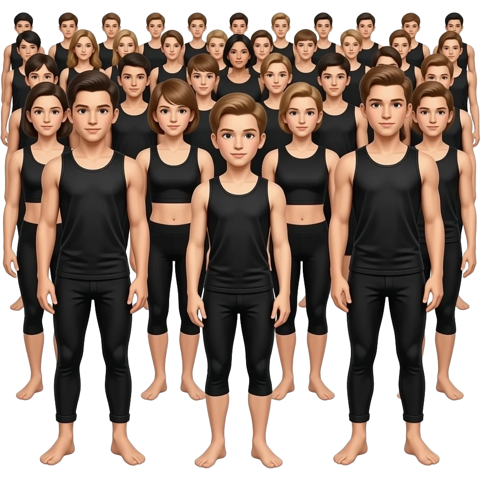 A large group of dancers wearing black workout clothes with bare feet, 3 of which are boys emoji