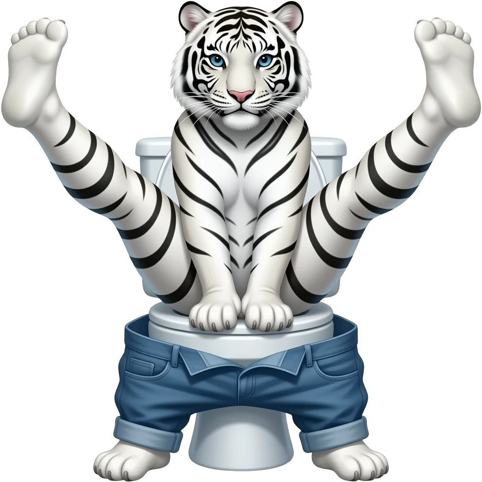 Female white tiger furry person woman sitting on toilet down pants to floor,stretching and lifting legs up emoji