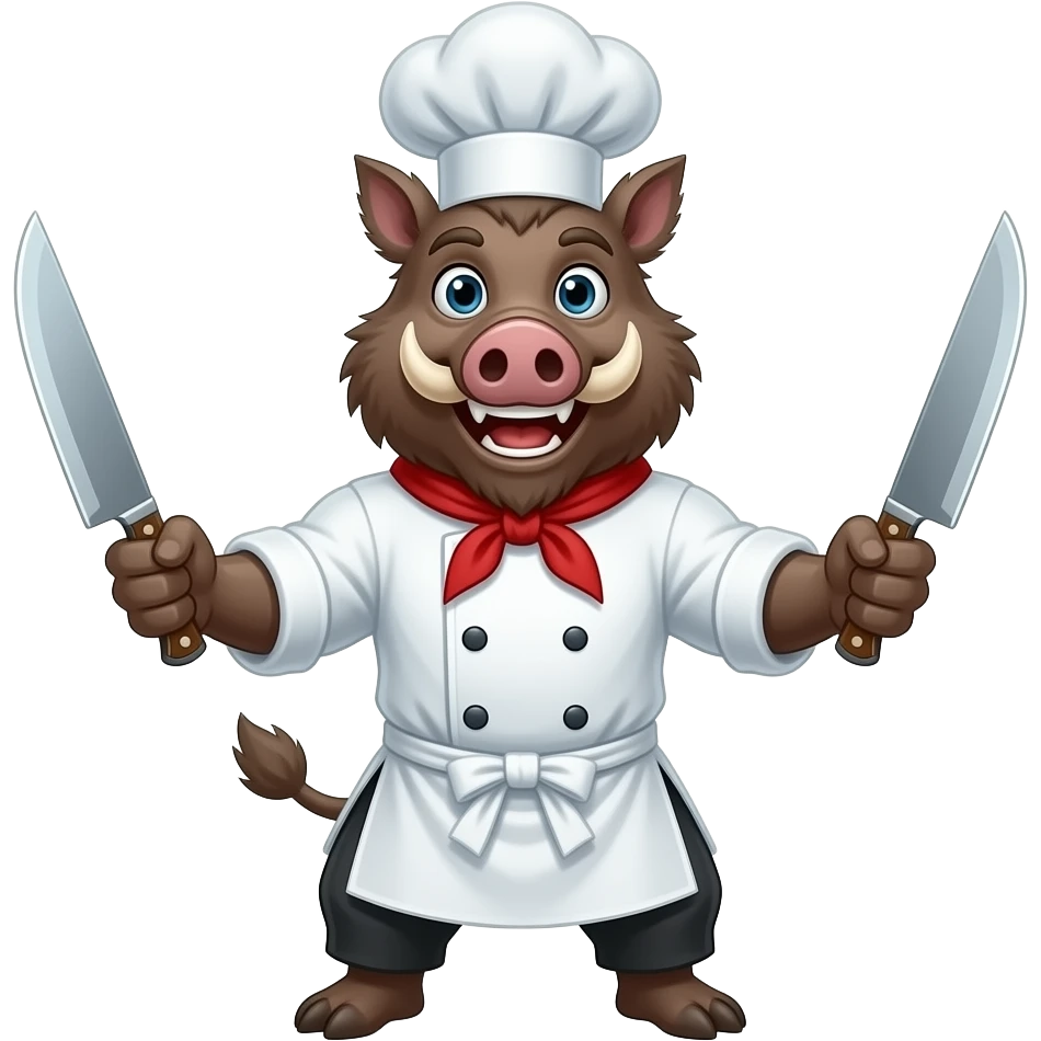 sanglier cuisinier content grand sourire deux couteau a la main + muscle couleur claire et animer joyful emoji