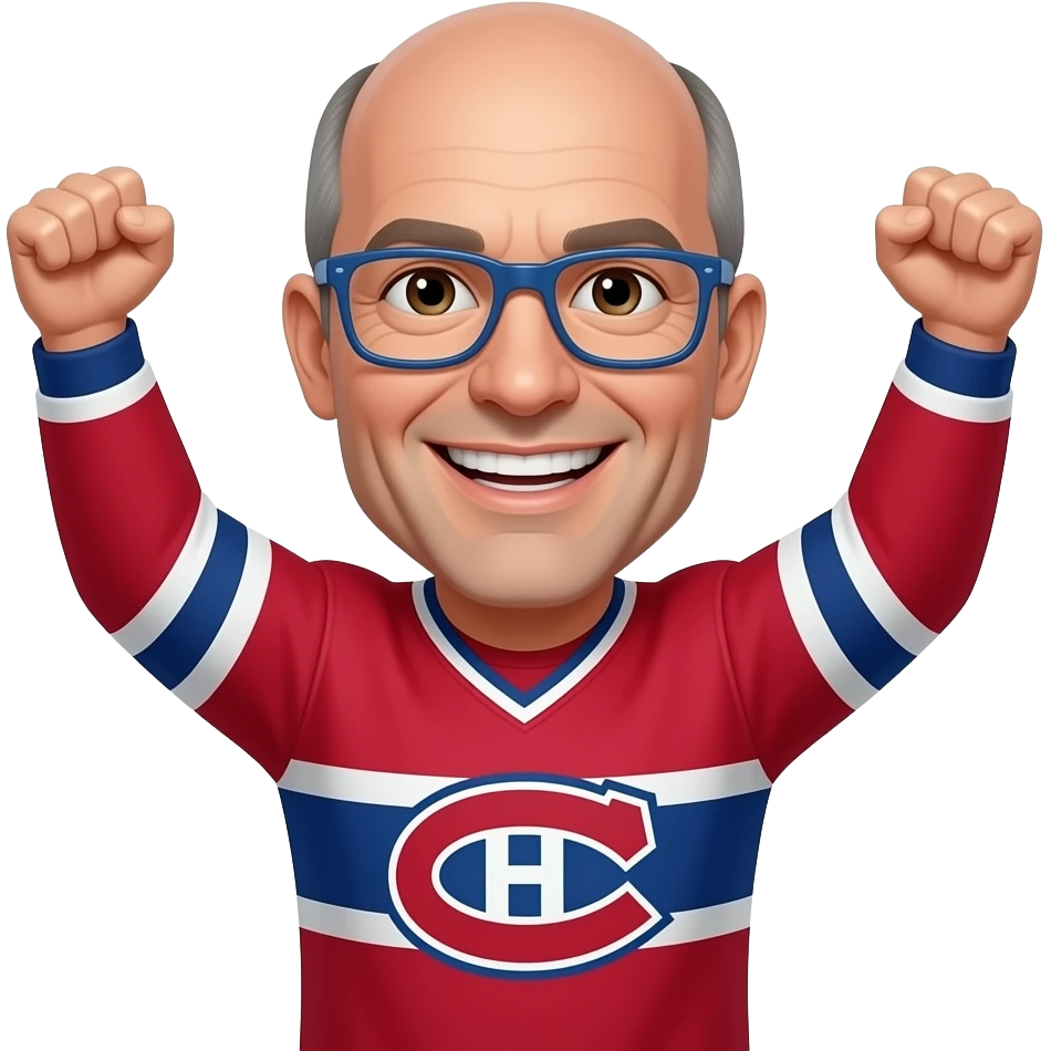 Male, Brown eyes, square jawed ,bald, thin blue glasses,50 years old, Montréal Canadiens, smiling showing teeth, cheering arms up emoji