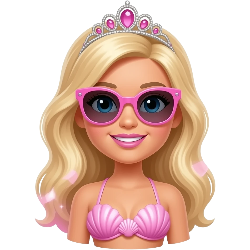 barbie merliah wearing a pink sunglasses a pink mermaid tail a pink Seashell bikini and a pink tiara emoji