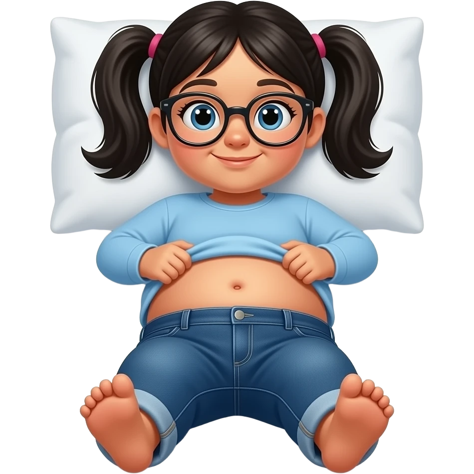 Obese Hispanic little girl with black pigtails and blue eyes rounded black glasses plain light blue long sleeve shirt and dark blue baggy jeans and belly button laying down on her pillow on her bed showing her feet lifting her shirt all the way up with fat belly button touching her belly emoji