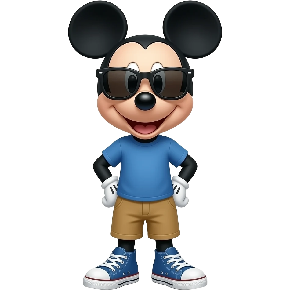 Mickey Mouse wearing blue T-shirt, tan shorts and blue Converse All-Star shoes, Cool dark sunglasses, smiling happily. emoji