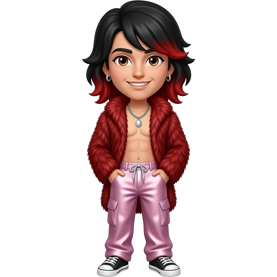 Markiplier with brown eyes, black hair with crimson ombre, red fur shawl, light pink metallic baggy pants, shirtless with necklace and earrings emoji