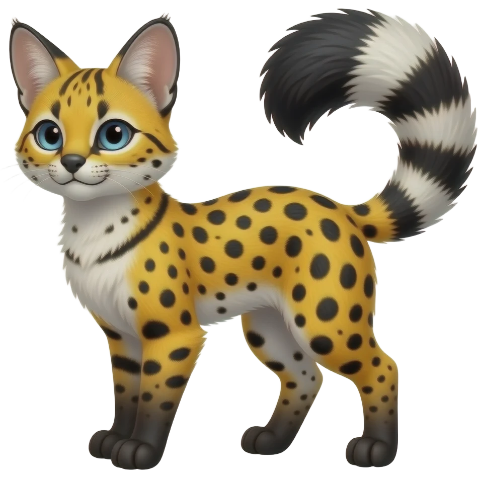 Lanky slender beautiful elegant spotted hype-realistic, black-maned, vibrant yellow Genet-Serval-Civet-fusion-hybrid-furry-fursona, full body, with a long puffy fluffy black-and-white-striped tail emoji
