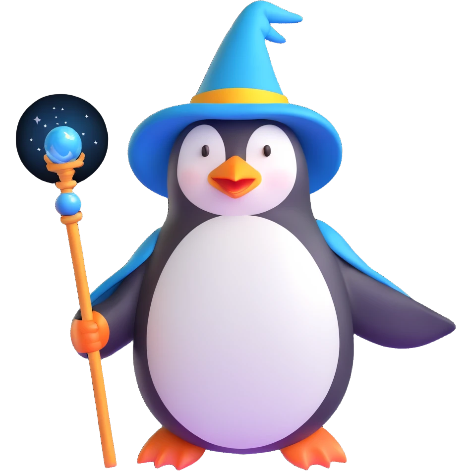 penguin wizard with magic staff and wizard hat emoji