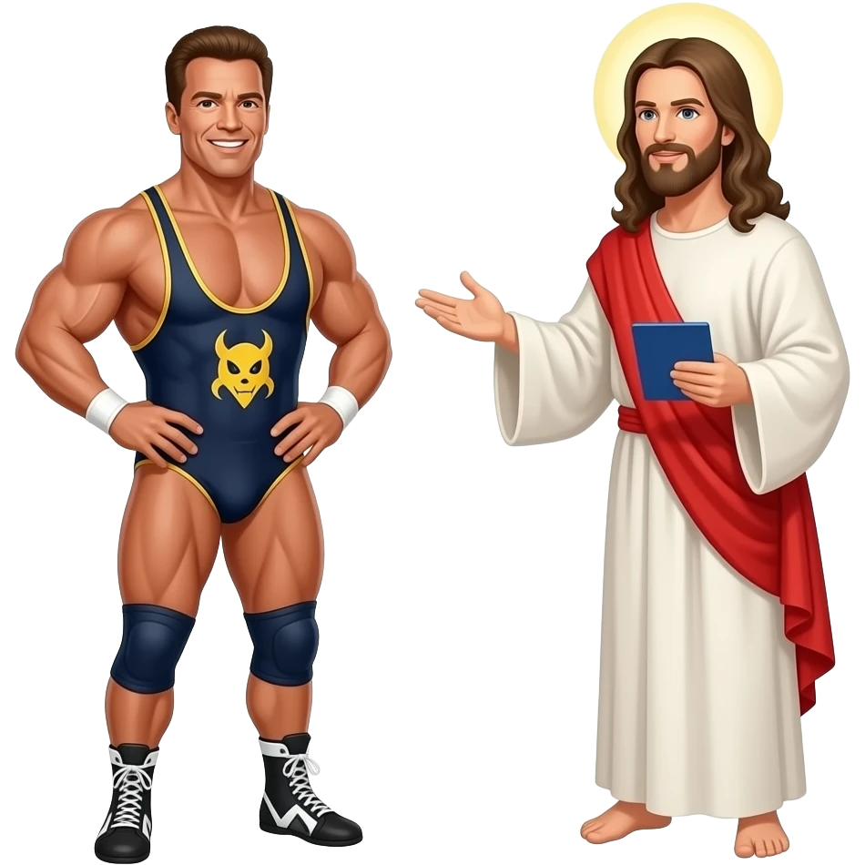 Arnold Schwarzenegger in a speedo wrestling Satan in a speedo with Jesus as a referee emoji