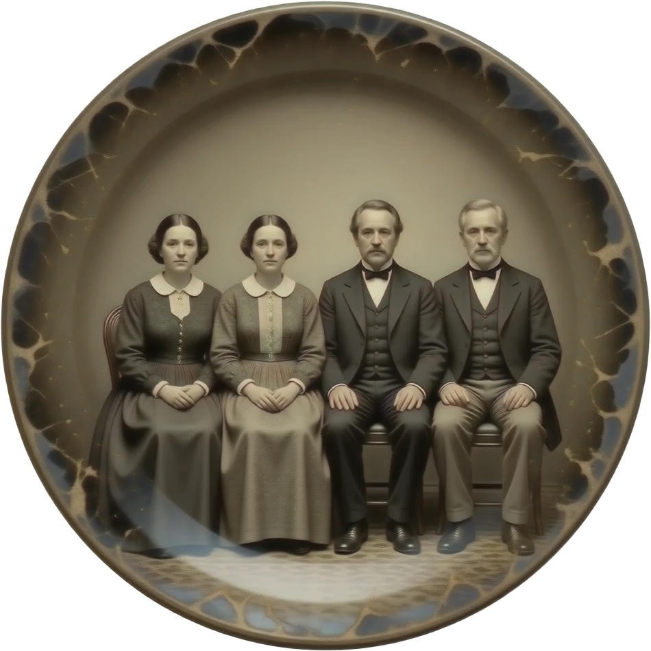 two mothers and two fathers depicted in sitting poses as in daguerreotypes posing in vintage civilian clothes - on a plate in daguerreotype format - chemically damaged emoji