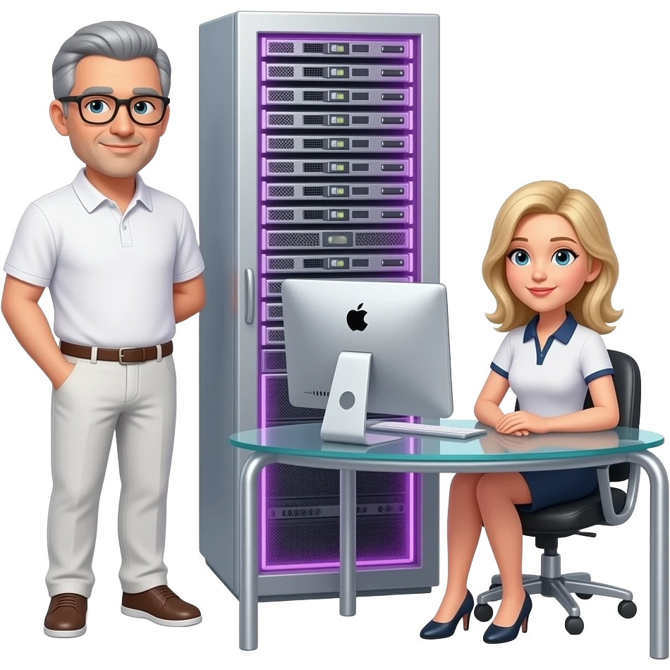 In the background is a silver server cabinet with purple backlighting, in the foreground is a glass table and an imac computer, two men are standing, gray hair, black glasses, black hair, gray glasses, dressed in white pants and a polo shirt, a blonde girl is sitting at the table, emoji