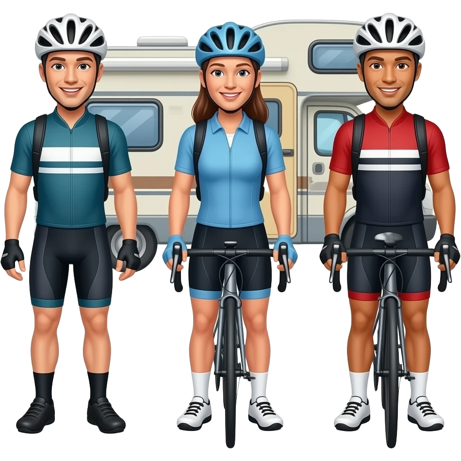 Three friends heading off in campervan for weekend gravel cycling race emoji