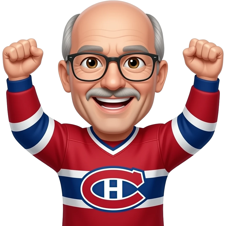 Male, Brown eyes, no hair, small mustache and chin strip, thin glasses, 60 years old, Montréal Canadiens, smiling showing teeth, cheering arms up emoji