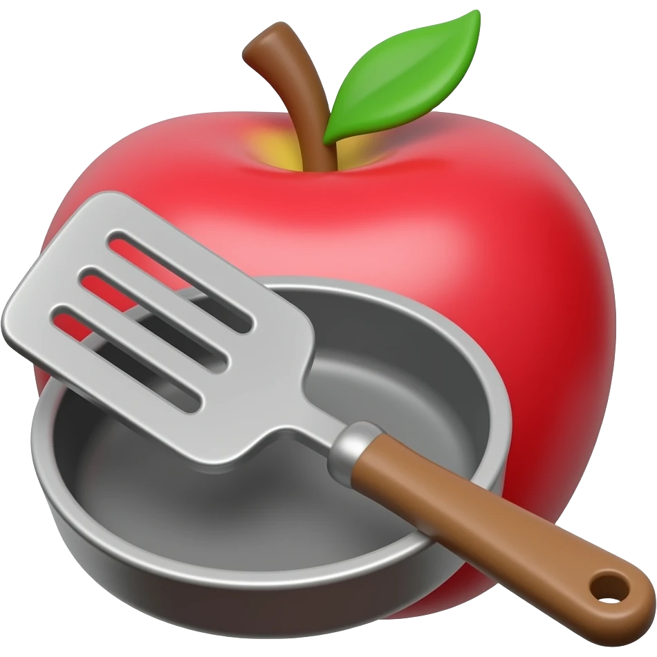 Apple emoji-style 3D cooking icon, cute frying pan with spatula, soft rounded glossy texture, simple minimal design, clean white background, centered composition, high quality. emoji