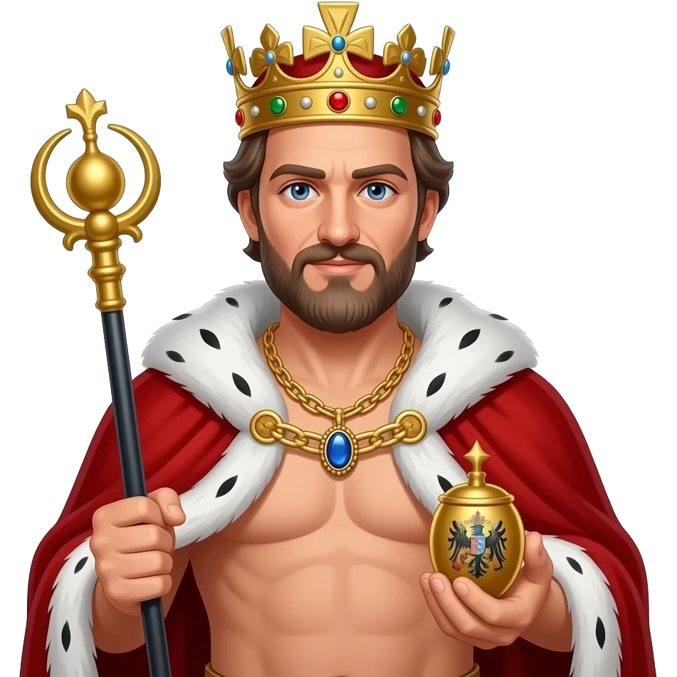 Portrait von einem König um die 40 mit brauen und leicht grauen Strähnen in den Haaren und Bart. er trägt eine prunkvolle königliche krone und Goldkette mit Edelsteinen. Er hat kein Hemd an und öffnet sein roten samt Umhang mit weißen Pelz. Er hält ein Zepter und ein Reichsapfel in sein Händen emoji