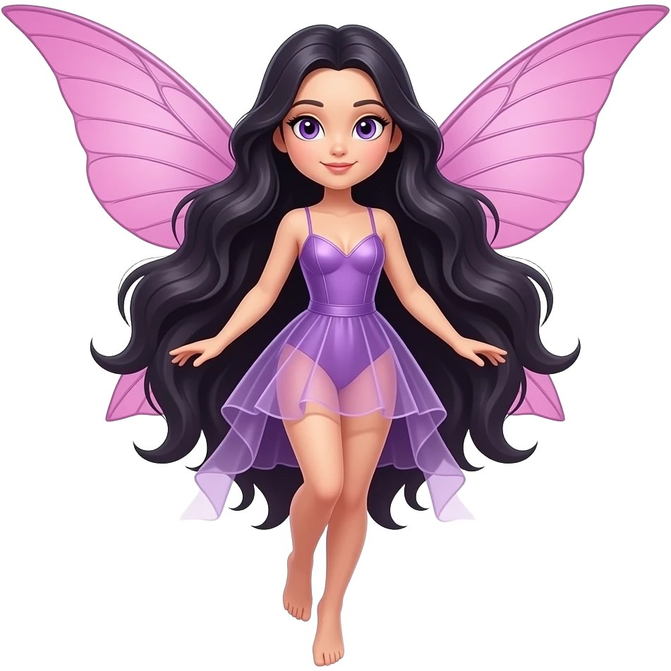 A beautiful faerie with pink wings, long dark hair, purple eyes, in a short see-through purple outfit. Highly detailed, realistic, (full body) hovering in the air emoji