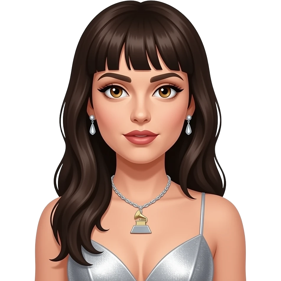 Lady Gaga with hazel eyes, long dark brown hair with bang, silver grammy dress, necklace and earrings emoji
