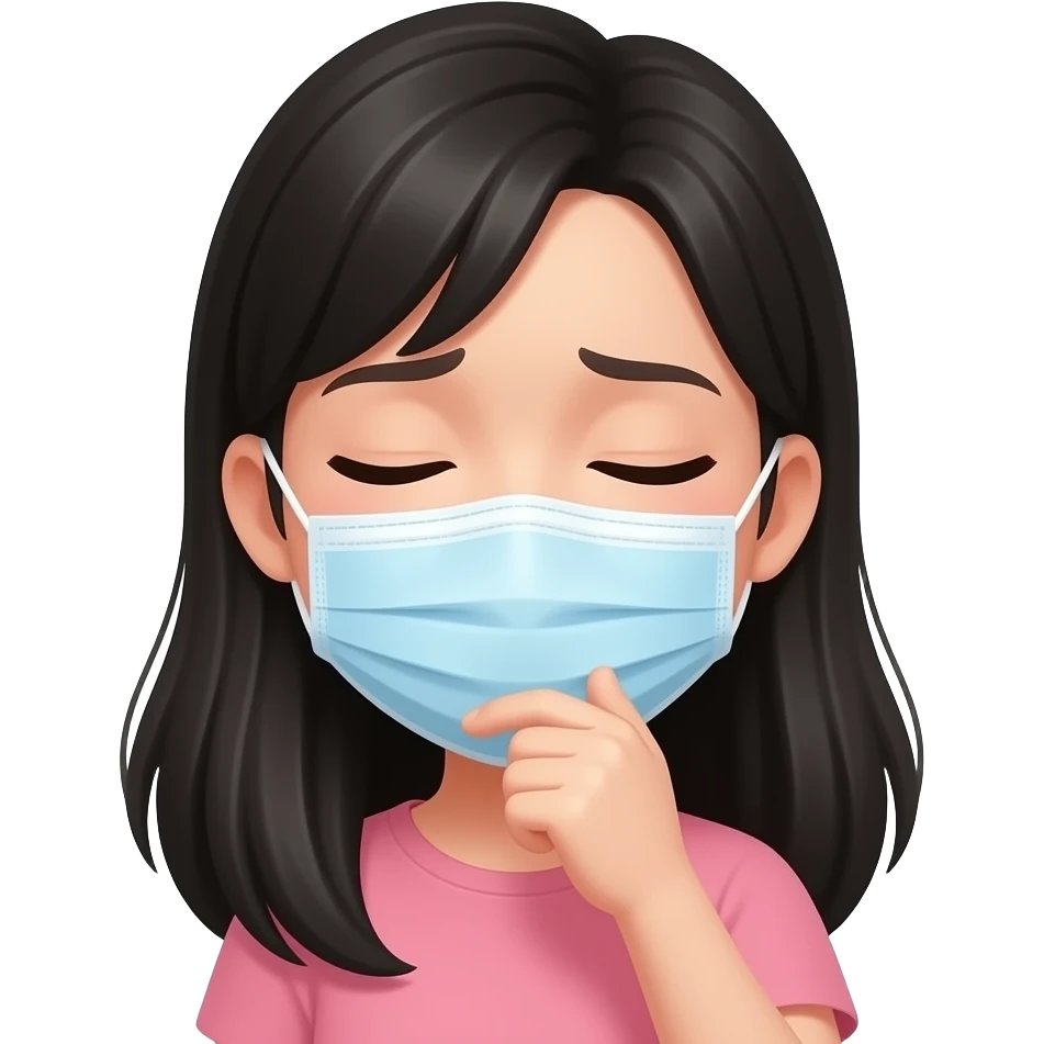 infected girl, pretty, black long hair, blushed face, caughing, wearing mask emoji