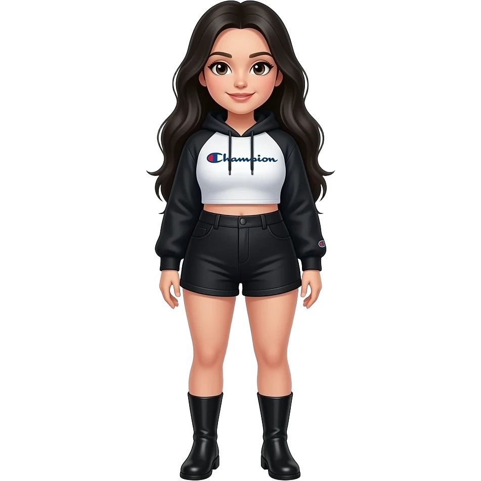 White girl with long black hair, black and white cropped champion hoodie with black sleeves, black high shorts, black plain boots, and a bit of a chubby body emoji