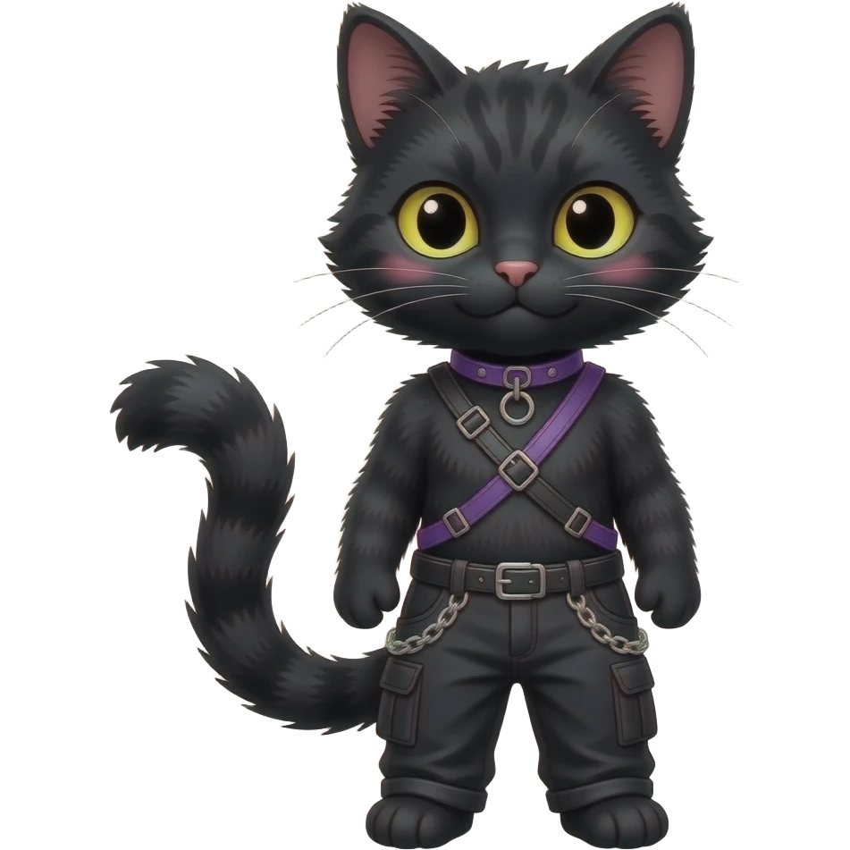 Gorgeous furry gothic dark techwear anime style anthro black cat furry sona Fakemon with blushing face aesthetic and pretty edgy black with violet collar and harness trending style chains cargo pants tomboy emoji