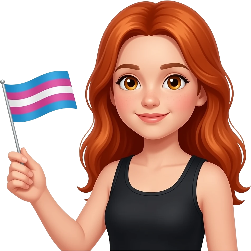ten year old with long red hair and amber eyes and a black tanktop holding a bisexual flag and saying "I'm proud to be bi but won't tell my parents!!" emoji