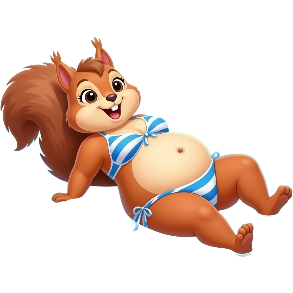 The female squirrel enjoys the beach holiday in her swimmers,but she is so full from a lunch break that she is about to burst,Then her fat Tummy rolls & drops out,she will just lay on her back in the shallow cool water,her gluttonous bellybutton promotes a good resort business. emoji